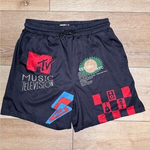 MTV Men’s Graphic Athletic Shorts – Showtime Palace – Black – Size Small